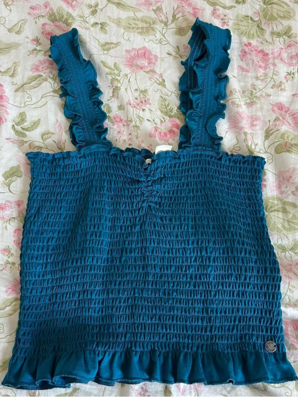 Roxy Teal Smocked Ruffle-Strap Tank Top